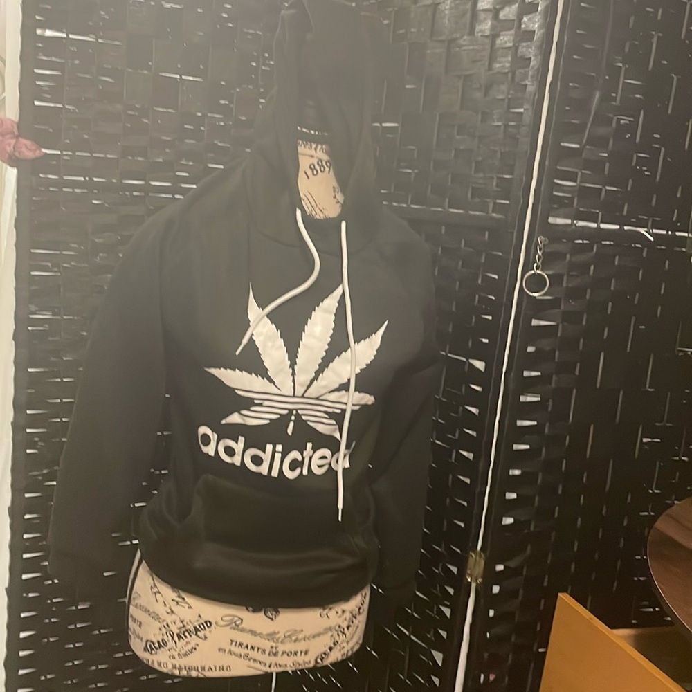 small black and white “Addicted” hoodie